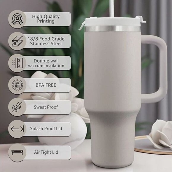 40 OZ Warm Gray Tumbler With Handle & Straw, Toppers/ NIB - Picture 3 of 3